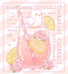 Rule 34 | animal focus, artist name, beak, bird, black eyes, blush stickers, cocktail, commentary, drinking straw, english commentary, english text, faith varvara, flower, food, food focus, fruit, glass, heart, highres, lemon, lemon slice, no humans, on food, original, petals, pink background, pink flower, pink rose, pink theme, ripples, rose, rose petals, simple background, solid oval eyes, striped background, white bird