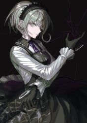 Rule 34 | 1girl, black background, black dress, black gloves, blonde hair, breasts, commentary request, cowboy shot, danganronpa (series), danganronpa v3: killing harmony, dress, eyes visible through hair, frills, from side, gloves, green eyes, grey shirt, hair over one eye, highres, large breasts, long sleeves, looking at viewer, maid headdress, necktie, parted lips, shirt, short hair, solo, spider web print, tojo kirumi, visket53