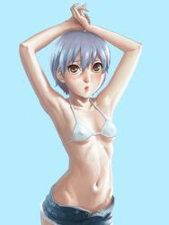 Rule 34 | 1girl, armpits, arms up, bad drawr id, bad id, bikini, bikini top only, blue background, blue hair, blush, breasts, brown eyes, character request, closed mouth, copyright request, covered erect nipples, denim, denim shorts, francine (daijaemon), light frown, lips, looking at viewer, navel, oekaki, open fly, short hair, short shorts, shorts, simple background, small breasts, solo, swimsuit, unzipped, white bikini