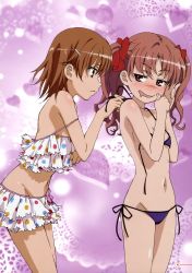 Rule 34 | 2girls, :d, absurdres, bikini, bikini skirt, blush, bow, brown eyes, brown hair, cowboy shot, dressing, drooling, eye contact, female focus, flat chest, frilled bikini, frills, groin, hair bow, hair ornament, hairpin, hand on own face, heart, highres, just as planned (meme), kameyama tomoko, lace, leaning forward, light particles, long hair, looking at another, lowleg, lowleg bikini, meme, micro bikini, misaka mikoto, multiple girls, naughty face, navel, official art, official style, open mouth, parted bangs, pink eyes, pink hair, polka dot, polka dot bikini, polka dot swimsuit, profile, purple background, saliva, scan, shirai kuroko, side-tie bikini bottom, smile, standing, strap slip, string bikini, swimsuit, tankini, thumbs up, toaru kagaku no railgun, toaru majutsu no index, twintails, untied, wide hips, yuri