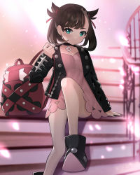 Rule 34 | 1girl, ankle boots, arm support, asymmetrical bangs, backpack, bag, black choker, black footwear, black jacket, black nails, boots, brown hair, choker, closed mouth, commentary request, creatures (company), dress, earrings, flipped hair, game freak, green eyes, hair ribbon, highres, jacket, jewelry, long sleeves, looking at viewer, marnie (pokemon), nail polish, nintendo, open clothes, open jacket, pink dress, pokemon, pokemon swsh, red bag, red ribbon, ribbon, sitting, solo, stairs, yukichi (tsuknak1)