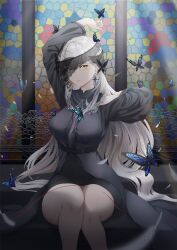Rule 34 | 1girl, arm behind back, black dress, black veil, blonde hair, blue butterfly, breasts, bug, butterfly, church, closed mouth, clotho (neural cloud), dress, earrings, feet out of frame, girls&#039; frontline, girls&#039; frontline neural cloud, hand up, holding, holding ribbon, insect, jewelry, light smile, long hair, looking at viewer, medium breasts, red ribbon, ribbon, sitting, solo, stained glass, thatob, veil, very long hair, yellow eyes