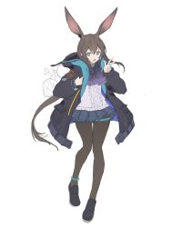 Rule 34 | 1girl, :d, amiya (arknights), animal ears, arknights, ascot, black footwear, black jacket, black skirt, blue eyes, brown hair, brown pantyhose, center frills, frills, full body, hair between eyes, hands up, highres, jacket, jewelry, loafers, long hair, long sleeves, looking at viewer, open clothes, open jacket, open mouth, pantyhose, pleated skirt, ponytail, puffy long sleeves, puffy sleeves, purple ascot, rabbit ears, ring, shirt, shoes, simple background, skirt, smile, solo, standing, standing on one leg, toki (yoyobozi), very long hair, w, white background, white shirt