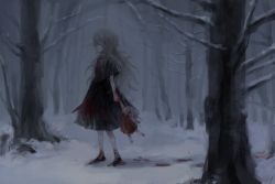 Rule 34 | 1girl, black dress, blood, blood on clothes, bracelet, child, doll, dress, female focus, footprints, forest, grey hair, highres, holding, holding doll, holding knife, jewelry, jiz (pffbq), knife, messy hair, nature, original, outdoors, smile, snow, solo, standing, tree, walking, winter