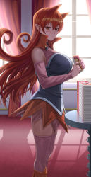 Rule 34 | 1girl, absurdres, animal ears, azazel ameri, blush, book, book stack, breasts, brown eyes, closed mouth, curtains, detached sleeves, from side, hair between eyes, highres, holding, holding book, indoors, large breasts, light particles, long hair, long sleeves, looking at viewer, mairimashita! iruma-kun, miniskirt, nail polish, orange hair, silvertsuki, skirt, solo, standing, table, thighhighs, very long hair, window