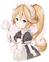 Rule 34 | 1girl, alternate costume, apron, black bow, black dress, blue eyes, blush, bow, charlotta (granblue fantasy), closed mouth, collared dress, cropped torso, dress, duster, enmaided, granblue fantasy, hair between eyes, hand up, harvin, holding, light brown hair, long hair, looking at viewer, maid, maid apron, maid headdress, meito (maze), parted bangs, pointy ears, ponytail, puffy short sleeves, puffy sleeves, short sleeves, sidelocks, smile, solo, upper body, v-shaped eyebrows, very long hair, white apron, wrist cuffs