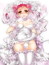 Rule 34 | 10s, 1girl, bare shoulders, blush, braid, breasts, breasts apart, bridal veil, bride, brown eyes, cleavage, covering privates, covering crotch, crying, dress, elbow gloves, flower, frilled thighhighs, frills, gloves, hair flower, hair ornament, highres, looking at viewer, lying, no panties, nose blush, on back, patatata, red hair, solo, tears, thighhighs, tokonome mamori, twin braids, valkyrie drive, valkyrie drive -mermaid-, veil, wedding dress, white gloves, white thighhighs