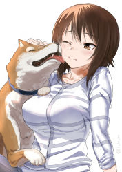 Rule 34 | 10s, 1girl, blouse, blush, breasts, brown eyes, brown hair, closed mouth, collarbone, commentary request, dog, girls und panzer, hair between eyes, inu (aerodog), large breasts, licking, licking another&#039;s cheek, licking another&#039;s face, looking at another, nishizumi maho, shirt, short hair with long locks, signature, simple background, solo, twitter username, upper body, white background, white shirt
