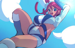 Rule 34 | 1girl, blue eyes, blue sky, blush, breasts, chorimokki, cloud, creatures (company), game freak, gloves, gym leader, hair ornament, large breasts, long hair, looking at viewer, midriff, navel, nintendo, open mouth, pokemon, pokemon bw, red hair, shorts, sidelocks, sky, skyla (pokemon), smile, solo
