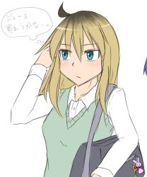 Rule 34 | 1girl, aosora (mizore), bag, blonde hair, blue eyes, female focus, flat color, jk-chan, original, simple background, skirt, solo, twintails, upper body, white background