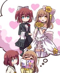 Rule 34 | 10s, 2girls, :d, = =, ?, blue eyes, blush, bouquet, boutonniere, bow, bowtie, brown hair, center frills, collarbone, cosplay, dress, closed eyes, flower, frills, hair ornament, heart, holding, hoshizora rin, hoshizora rin (cosplay), koizumi hanayo, koizumi hanayo (cosplay), kunikida hanamaru, kurosawa ruby, long hair, looking at viewer, love live!, love live! school idol project, love live! sunshine!!, love wing bell, magazine (object), multiple girls, open mouth, orange eyes, red hair, school uniform, serafuku, shipii (jigglypuff), short hair, simple background, smile, standing, thighhighs, thought bubble, twintails, two side up, uranohoshi school uniform, wedding dress, yellow bow, yuri