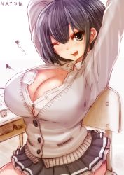 Rule 34 | 1girl, breasts, bursting breasts, highres, huge breasts, open mouth, popped button, school uniform, short hair, skirt, smile, solo, souryu, unbuttoned, uniform