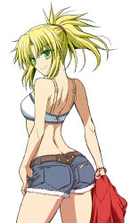 Rule 34 | 1girl, arm at side, ass, back, bare arms, bare shoulders, blonde hair, bra, breasts, closed mouth, cowboy shot, cutoffs, denim, denim shorts, fate/apocrypha, fate (series), from behind, green eyes, hand on own hip, high ponytail, highres, holding, kiriya (aprikose 0312), long hair, looking at viewer, looking back, midriff, mordred (fate), mordred (fate/apocrypha), mordred (memories at trifas) (fate), ponytail, shorts, shoulder blades, simple background, sleeveless, small breasts, smile, solo, underwear, white background