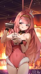 Rule 34 | 1girl, animal ears, blurry, blurry background, breasts, cleavage, coffee, covered navel, cup, drinking glass, fake animal ears, hairband, hibiki du ca, highres, holding, holding cup, leotard, licking lips, long hair, medium breasts, nijigen project, pink eyes, pink hair, playboy bunny, siriuflong, solo, sparkle, tongue, tongue out, virtual youtuber