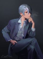 Rule 34 | 1girl, chainsaw man, cigarette, collared shirt, crossed legs, elbow rest, eyepatch, formal, grey background, grey hair, grey jacket, hand in pocket, highres, holding, holding cigarette, jacket, keibleh, long hair, looking to the side, partially unbuttoned, ponytail, quanxi (chainsaw man), shirt, signature, simple background, sitting, smoke, solo, suit, white shirt