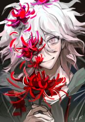 1boy closed_mouth danganronpa_(series) danganronpa_2:_goodbye_despair dated flower green_jacket grey_eyes grey_hair hair_between_eyes hands_up highres holding holding_flower hongshu_buke_shi jacket komaeda_nagito male_focus medium_hair multicolored_hair red_flower smile solo spider_lily two-tone_hair upper_body