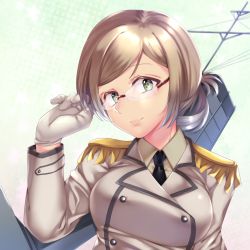 Rule 34 | 1girl, breasts, brown hair, buttons, darkmiso, double-breasted, epaulettes, eyebrows hidden by hair, folded ponytail, glasses, gloves, green background, green eyes, jacket, kantai collection, katori (kancolle), light brown hair, lips, medium breasts, military, military uniform, multicolored background, pink background, rimless eyewear, smokestack, solo, star (symbol), starry background, teacher, uniform, upper body, white background, white gloves