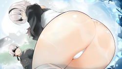 Rule 34 | 1boy, 1girl, android, ass, ass focus, black hairband, blindfold, blush, from below, frown, hairband, highres, huge ass, leotard, looking down, nier (series), nier:automata, open mouth, shiny skin, short hair, silver hair, sitting, thighhighs, thighs, thong leotard, white thighhighs, 2b (nier:automata), 9s (nier:automata)