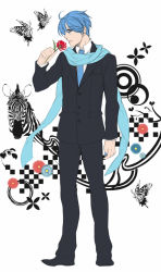 Rule 34 | 1boy, ano (pixiv131048), ano (sbee), blue eyes, blue hair, blue necktie, blue scarf, bug, butterfly, flower, formal, full body, holding, holding flower, insect, kaito (vocaloid), male focus, matching hair/eyes, necktie, saihate (vocaloid), scarf, short hair, solo, standing, suit, vocaloid, zebra