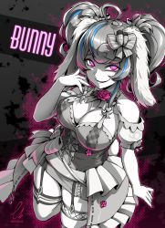 Rule 34 | 1girl, ahoge, animal ears, artist name, aura, bare shoulders, blue hair, bonnie (bunny gif), bow, breasts, choker, cleavage, commentary, commentary request, commission, corset, dark aura, detached sleeves, dithering, dress, ebiblue, english text, evil smile, eyebrows, flower, frilled dress, frilled skirt, frills, garter straps, gesugao, grin, hair ornament, hand up, heart, heart-shaped pupils, highres, indie virtual youtuber, kneeling, large breasts, looking at viewer, medium breasts, monochrome, multicolored eyes, multicolored hair, nail polish, pink eyes, rabbit ears, rose, short sleeves, sidelocks, signature, skeb commission, skirt, smile, spot color, standing, streaked hair, symbol-shaped pupils, thighhighs, twintails, twitter username, virtual youtuber, zettai ryouiki