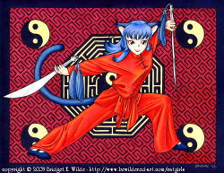 Rule 34 | 00s, 1girl, 2003, animal ears, bewildered, blue eyes, blue footwear, blue hair, cat ears, cat girl, cat tail, holding, long hair, long sleeves, looking at viewer, lowres, pants, red background, red pants, red shirt, shirt, shoes, solo, sword, tail, tassel, traditional media, weapon, yin yang