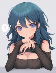 Rule 34 | 1girl, ?, banned artist, bare shoulders, black sweater, blue eyes, blue hair, breasts, byleth (female) (fire emblem), byleth (fire emblem), cleavage, cleavage cutout, clothing cutout, fire emblem, fire emblem: three houses, grey background, hair between eyes, hands up, highres, long hair, long sleeves, nintendo, ribbed sweater, shimizu akina, shoulder cutout, simple background, solo, sweater