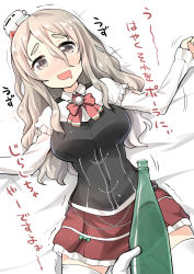Rule 34 | 10s, 1girl, :d, absurdres, bed sheet, blush, bottle, breasts, check translation, commentary request, drooling, drunk, grey eyes, headgear, highres, holding, kantai collection, large breasts, long hair, looking at viewer, lying, miniskirt, open mouth, outstretched arms, pola (kancolle), ryuki (ryukisukune), sake bottle, silver hair, skirt, smile, solo focus, spread arms, thighhighs, translation request, trembling, white thighhighs, zettai ryouiki