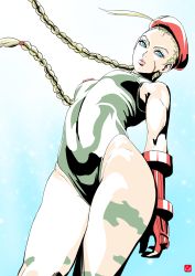 Rule 34 | 1girl, bare shoulders, blonde hair, blue background, blue eyes, bodypaint, braid, breasts, cammy white, chris re5, fingerless gloves, from below, gloves, green leotard, hat, highleg, highleg leotard, highres, leotard, lips, long hair, looking at viewer, medium breasts, parted lips, red hat, solo, street fighter, thick thighs, thighs, twin braids