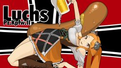 Rule 34 | 1girl, absurdres, alcohol, apron, arm support, arm up, beer, beer mug, black apron, black footwear, boots, breasts, brown eyes, brown hair, brown skirt, cleavage, commentary request, corset, cross-laced footwear, cup, dirndl, frilled apron, frilled skirt, frills, froth, german clothes, headgear, high-waist skirt, high heel boots, high heels, highres, holding, holding cup, knee boots, kneeling, lace-up boots, leaning back, long hair, looking at viewer, luchs (kehotank), medium breasts, miniskirt, mug, off-shoulder shirt, off shoulder, open mouth, original, panzerkampfwagen ii (personification), personification, shirt, short sleeves, skirt, smile, solo, soumu (kehotank), sweatdrop, twintails, waist apron, white shirt