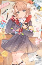 Rule 34 | 1girl, absurdres, armband, bird, black jacket, black skirt, blush, braid, buttons, classroom, closed mouth, collared shirt, commentary, double-breasted, french braid, green eyes, hair ornament, hair rings, highres, holding, holding marker, holding stuffed toy, indie virtual youtuber, indoors, jacket, light brown hair, long sleeves, lying, marker, mochitsuki usa, notebook, on back, oozora subaru, paint, paintbrush, paper, pencil case, pinstripe jacket, pinstripe pattern, pinstripe skirt, pleated skirt, pom pom (clothes), pom pom hair ornament, red sailor collar, ruler, sailor collar, school uniform, shigure ui (vtuber), shirt, side braids, skirt, sleeves past wrists, stuffed toy, virtual youtuber, white shirt, yellow armband