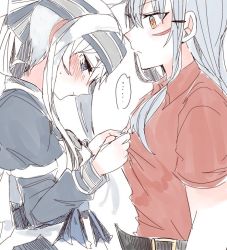 Rule 34 | 2girls, ainu clothes, belt, blue eyes, blush, closed mouth, facial scar, gangut (kancolle), grey hair, hair ornament, hairclip, itomugi-kun, japanese clothes, kamoi (kancolle), kantai collection, kimono, long hair, looking at viewer, multiple girls, ponytail, red eyes, red shirt, scar, scar on cheek, scar on face, shirt, simple background, white background, yuri