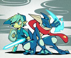 Rule 34 | 1boy, ahoge, aqua eyes, aqua hair, aqua pants, belt, blue belt, blue footwear, blue headwear, blue shirt, blue sleeves, blue theme, blue tunic, boots, closed mouth, cloud, commentary request, creatures (company), expressionless, game freak, gen 6 pokemon, greninja, hand on ground, holding, holding shield, holding sword, holding weapon, link, long sleeves, long tongue, master sword, nintendo, outstretched hand, pants, pointy ears, pointy hair, pokemon, pokemon (creature), red scarf, scarf, shadow, shield, shirt, short hair, squatting, super smash bros., sword, teijiro, the legend of zelda, tongue, toon link, v-neck, weapon, webbed feet, webbed hands, white background