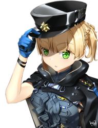 Rule 34 | 1girl, artist name, artist request, black cape, black hat, blonde hair, blue gloves, cape, girls&#039; frontline, gloves, green eyes, hand on headwear, hat, highres, looking at viewer, mod3 (girls&#039; frontline), short hair, signature, simple background, solo, upper body, welrod mkii (girls&#039; frontline), welrod mkii (mod3) (girls&#039; frontline), white background