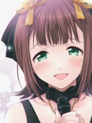 Rule 34 | 1girl, :d, amami haruka, black choker, blush, brown hair, chain, choker, collarbone, green eyes, hair ribbon, highres, holding, holding microphone, idolmaster, idolmaster (classic), jewelry, looking at viewer, microphone, necklace, nogoodlife, open mouth, portrait, ribbon, short hair, smile, solo, yellow ribbon