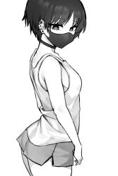 Rule 34 | 1girl, barbell piercing, breasts, choker, commentary, dolphin shorts, ear piercing, earrings, greyscale, highres, jewelry, jorin, mask, medium breasts, mole, mole under eye, monochrome, mouth mask, original, piercing, short hair, short shorts, shorts, sideboob, simple background, solo, tank top, white background