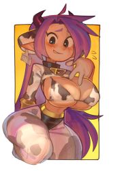 Rule 34 | 1girl, 2021, adapted costume, ahoge, alternate breast size, animal ears, animal print, bell, bikini, bikini top only, black panties, blue eyes, blush, border, bracer, breasts, chinese zodiac, commentary, covered erect nipples, cow ears, cow horns, cow print, cow print bikini, cowbell, dark-skinned female, dark skin, ear tag, english commentary, fake animal ears, fake horns, harem pants, highres, horns, huge breasts, long hair, looking at viewer, micro bikini, narrow waist, neck bell, panties, panties over clothes, pants, pointy ears, print bikini, purple hair, shantae, shantae (series), shrug (clothing), solo, swimsuit, thick thighs, thighs, transparent border, underboob, underwear, very long hair, wamudraws, year of the ox, yellow background