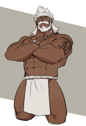 Rule 34 | 1boy, abs, alternate costume, bara, beard, cropped legs, crossed arms, dark-skinned male, dark skin, facial hair, final fantasy, final fantasy xiv, headband, hyur, jewelry, large pectorals, loincloth, looking at viewer, lyon rem helsos, male focus, mature male, medium hair, muscular, muscular male, mustache, necklace, nipples, old, old man, pectorals, scar, scar on face, scar on nose, shoulder tattoo, solo, stomach, tattoo, thick thighs, thighs, topless male, white headband, wkokbu
