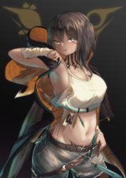 Rule 34 | 1girl, arknights, armpits, bandages, belt, black background, black hair, blue eyes, bodypaint, breasts, commentary request, cowboy shot, crop top, flint (arknights), gradient background, highres, long hair, looking at viewer, medium breasts, midriff, navel, ntk nartaku, partial commentary, sargon logo, solo, standing, stomach, tank top, white tank top, wrist wrap
