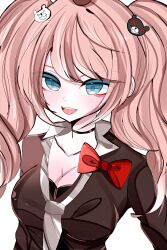 Rule 34 | 1girl, :d, bear hair ornament, black choker, blonde hair, blue eyes, bow, breasts, brown shirt, choker, cleavage, collarbone, danganronpa: trigger happy havoc, danganronpa (series), enoshima junko, green eyes, grey background, hair ornament, highres, large breasts, open mouth, red bow, shirt, simple background, smile, solo, sora hikage, teeth, twintails, upper teeth only