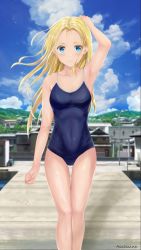Rule 34 | 1girl, absurdres, assassins (yxuk8877), blonde hair, blue eyes, blue sky, chinese commentary, cloud, commentary request, competition school swimsuit, cowboy shot, day, highres, kofune ushio, landscape, long hair, looking at viewer, mountain, outdoors, school swimsuit, sky, solo, summertime render, swimsuit