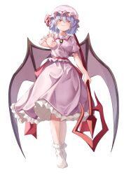 Rule 34 | 1girl, bat wings, closed mouth, commentary, full body, hat, hat ribbon, highres, looking at viewer, mahoro (minase mahoro), mob cap, no shoes, pink hat, pink shirt, pink skirt, purple hair, red eyes, red ribbon, remilia scarlet, ribbon, shirt, short hair, short sleeves, simple background, skirt, smile, spear the gungnir, standing, touhou, white background, wings