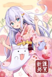 Rule 34 | 1girl, animal, aqua eyes, bad id, bad twitter id, chinese zodiac, commentary request, floral print, ghost, hair ornament, hands up, happy new year, highres, hoshinomiya kunon, hyurasan, japanese clothes, kimono, long hair, long sleeves, looking at viewer, mouse (animal), new year, obi, open mouth, original, pink kimono, sash, solo, star (symbol), star hair ornament, tongue, tongue out, triangular headpiece, white hair, wide sleeves, year of the rat, yukata