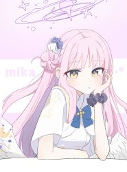 Rule 34 | 1girl, blue archive, blush, capelet, character name, closed mouth, dress, feathered wings, flower, hair bun, hair flower, hair ornament, halo, highres, long hair, looking at viewer, mika (blue archive), pink hair, pink halo, pout, purple flower, single side bun, solo, tonkotsu frappuccino, upper body, white capelet, white dress, white wings, wings, yellow eyes