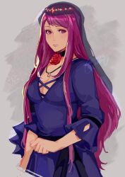 Rule 34 | 1girl, alternate hair length, alternate hairstyle, bad id, bad twitter id, breasts, choker, cleavage, dress, eyeshadow, fire emblem, fire emblem engage, flower, hair ornament, highres, ivy (fire emblem), jewelry, lamb (contra entry), large breasts, long hair, makeup, mole, mole under mouth, necklace, nintendo, official alternate costume, purple eyes, purple hair, rose, veil, very long hair