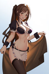 Rule 34 | 1girl, alternate costume, apron, bikini, black bikini, black necktie, black thighhighs, blush, bow, breasts, brown eyes, brown hair, detached collar, enmaided, frilled apron, frilled bikini, frilled sleeves, frills, gradient background, highres, holding, idolmaster, idolmaster cinderella girls, large breasts, lipstick, long hair, looking at viewer, maid, maid bikini, makeup, narrow waist, navel, necktie, northman, one side up, open mouth, puffy short sleeves, puffy sleeves, shimamura uzuki, short necktie, short sleeves, shrug (clothing), side-tie bikini bottom, smile, solo, stomach, strap gap, swimsuit, thighhighs, towel, unconventional maid, very long hair, waist apron, white apron, white bow, wrist cuffs
