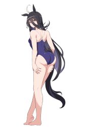 Rule 34 | 1girl, absurdres, ahoge, alternate costume, animal ears, ass, bails, bare arms, bare legs, bare shoulders, barefoot, black hair, blank stare, blue one-piece swimsuit, blush, breasts, closed mouth, collarbone, commentary request, competition school swimsuit, double-parted bangs, earrings, from above, full body, hair between eyes, hands on own thighs, highres, horse ears, horse girl, horse tail, jewelry, long hair, looking at viewer, manhattan cafe (umamusume), one-piece swimsuit, school swimsuit, simple background, single earring, small breasts, solo, straight hair, swimsuit, tail, thighs, umamusume, white background, yellow eyes