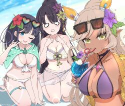 3girls :3 aqua_capelet beach bikini black-framed_eyewear black_hair blue-tinted_eyewear blue_eyes blunt_bangs blush breasts brooch brown_flower cleavage collarbone commentary_request crazy_straw criss-cross_halter cup dark-skinned_female dark_skin dated drinking_glass drinking_straw dripping_eye dutch_angle eyewear_on_head flower flower_knot food foolforpriconne grey_hair hair_flower hair_ornament halterneck heart heart-shaped_eyewear hibiscus highres holding holding_cup ice_cream ice_cream_float jewelry large_breasts lily_(princess_connect!) lily_(summer)_(princess_connect!) long_hair looking_at_viewer misora_(princess_connect!) misora_(summer)_(princess_connect!) multicolor-tinted_eyewear multiple_girls navel nea_(princess_connect!) nea_(summer)_(princess_connect!) o-ring o-ring_thigh_strap official_alternate_costume open_mouth pointy_ears ponytail princess_connect! purple_bikini purple_flower red-tinted_eyewear red_flower sarong see-through_clothes see-through_sarong seiza sidelocks sitting stomach sunglasses swept_bangs swimsuit thigh_strap tinted_eyewear white_bikini wide_oval_eyes yellow-tinted_eyewear yellow_eyes