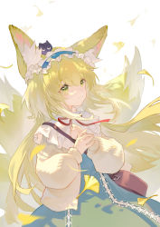 Rule 34 | absurdres, animal ear fluff, animal ears, arknights, bag, blonde hair, blue dress, blue hairband, brown bag, cardigan, cowboy shot, dress, fox ears, fox girl, fox tail, green eyes, hairband, hands up, heixiu, highres, kitsune, long sleeves, multiple tails, neck, official alternate costume, open cardigan, open clothes, red ribbon, ribbon, satchel, shoulder bag, simple background, smile, softkittywarmkitty, suzuran (arknights), suzuran (spring praise) (arknights), tail, luo xiaohei zhanji, white background, yellow cardigan