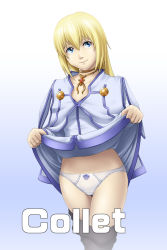 Rule 34 | 1girl, blonde hair, blue eyes, closed mouth, clothes lift, clothes pull, colette brunel, dress, dress lift, graphite (medium), long hair, looking at viewer, namco, panties, pantyhose, pantyhose pull, simple background, smile, solo, tales of (series), tales of symphonia, thor (deep rising), traditional media, underwear
