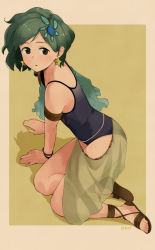Rule 34 | 1girl, banned artist, blue one-piece swimsuit, blush, brown footwear, earrings, final fantasy, final fantasy iv, green hair, hair ornament, jewelry, makio (makiomeigenbot), one-piece swimsuit, parted lips, rydia (ff4), sandals, sarong, signature, simple background, sitting, solo, star (symbol), star earrings, swimsuit, two-tone background